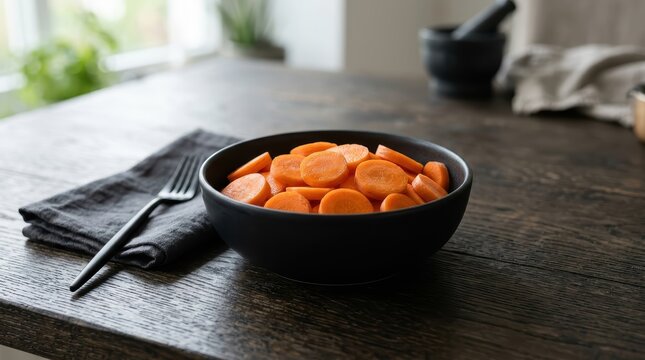 Vibrant Sliced Carrots In A Modern White Ceramic Bowl, Ready For Healthy Snacking Or Meal Preparation