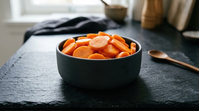 Freshly Sliced Carrots Neatly Arranged In A Modern White Bowl, Ready For Healthy Snacking Or Meal Preparation