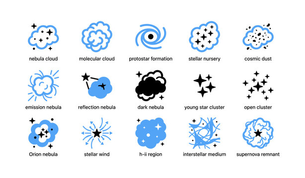 Collection of nebula and star formation icons on white background