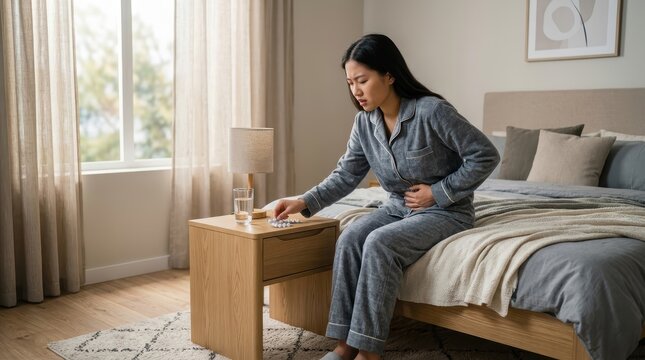 A Young Woman Experiencing Discomfort Takes A Pill To Alleviate Her Pain, Reflecting Themes Of Health And Wellness.