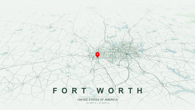 Modern minimalist vector map of Fort Worth, Texas, USA. High-quality scalable illustration of Fort Worth city grid, Trinity River contours, Interstate 35W, I-30, I-820 Outer Loop for posters design.