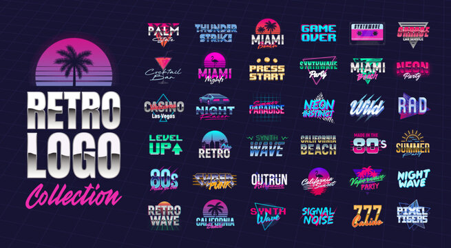 Large set of 36 Retro neon logo. Print for t-shirt, banner, poster, cover, badge and label. Retro 80's typography design. Vector illustration
