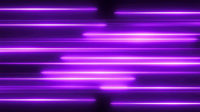 Panning shot of glowing purple light streaks moving horizontally across dark background in triptych composition with motion blur