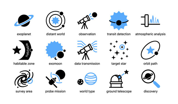 Exoplanet icons showing observation and detection on white background