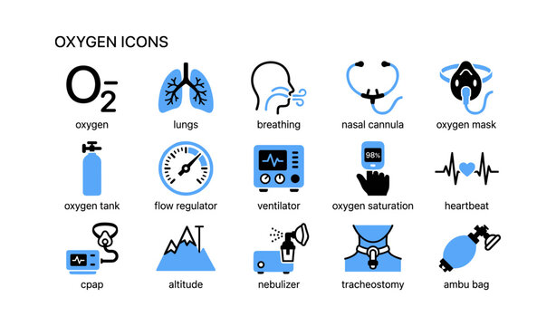 Oxygen and respiratory medical icons arranged on white background