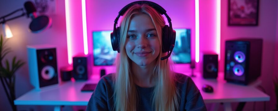 Young woman wearing headset in room with neon lights. She sits at desk with computer monitors speakers and microphone. Ready for gaming or streaming online.
