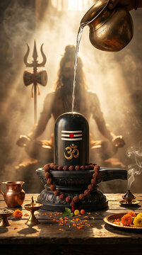 Sacred water ritual on a black stone shiva lingam with an ascetic yogi holding a trishul trident in the smoky background for mahadev maha shivratri