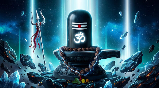 Cosmic shiva lingam with a glowing om symbol and trishul floating in a mystical blue universe filled with crystals for the holy maha shivratri mahadev