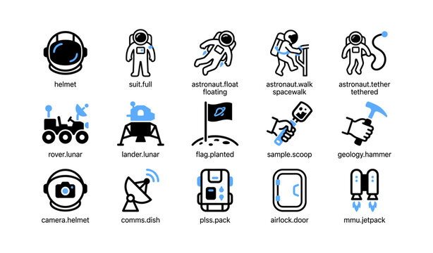 Space exploration and astronaut equipment icons arranged in grid