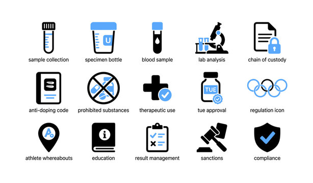 Anti-doping icons showing sample testing process on white background