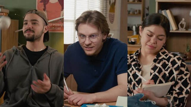 Split screen portraits of confident diverse male and female college or university student writing in notebook while managing budget and planning expenses, looking at camera, smiling, gen Z lifestyle
