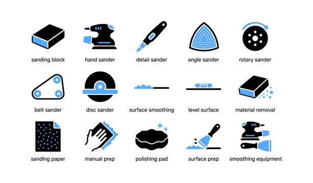 Sanding and surface smoothing tools showing sanders and abrasives