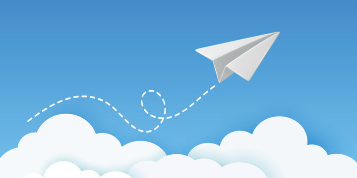 White Paper Airplane Icon, Vector Illustration. Flying Paper Plane with Dotted Line Trail. Email, Message Symbol. 3d White Paper Airplane on Blue Sky Background