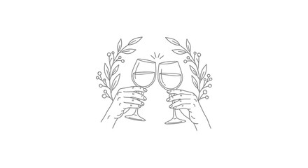 Fototapeta premium Elegant Line Art Illustration of Hands Toasting with Wine Glasses and Laurel Wreath.