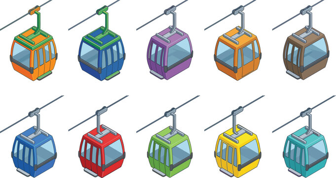 Isometric Cable Car Gondola Collection for Mountain Transport and Tourism Vector Set
