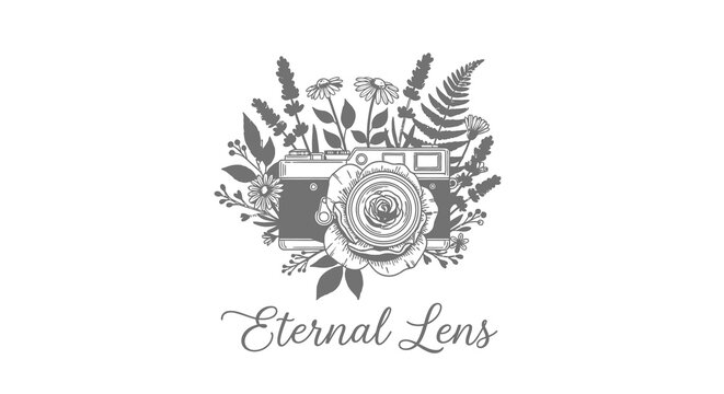 Vintage camera with floral elements and Eternal Lens text.