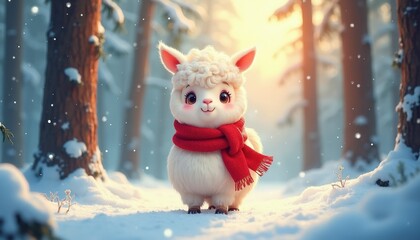Fototapeta premium Cute cartoon llama with red scarf walks in snowy forest. Animal wears winter clothing, enjoys snowfall. Soft fluffy llama stands among trees and snow. Gentle winter scene with a friendly creature.