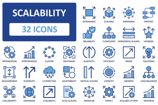 Set of scalability icons with various business concepts