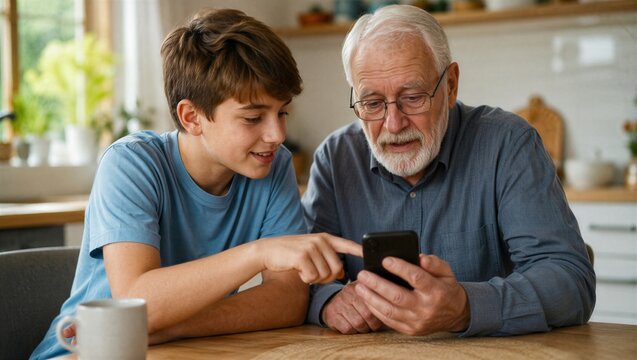 Grandson teaching grandfather to use smartphone. Teen boy helping elderly man with technology. Concept of digital literacy and connection between generations for International Day of Older Persons.