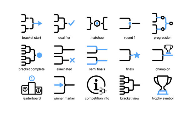 Tournament bracket icons showing progression and finals on white grid