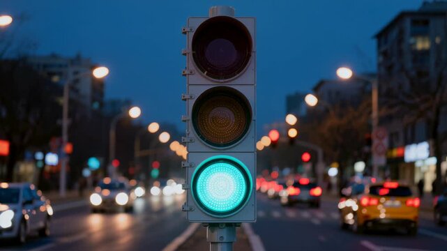 Traffic light changing from red to green with illuminated lights on street at dusk. Traffic light signals safe passage, indicating vehicles ready to proceed on busy urban road.