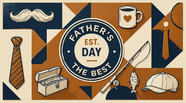 Happy fathers day graphic illustration featuring tie tools fishing gear
