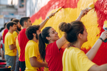 Fototapeta premium Group of smiling volunteers in red and yellow shirts painting a bright outdoor mural together, showing teamwork, creativity, and community spirit.