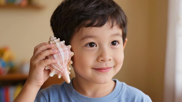 Kid listening to seashell with joyful expression while sitting in room filled with colorful toys.