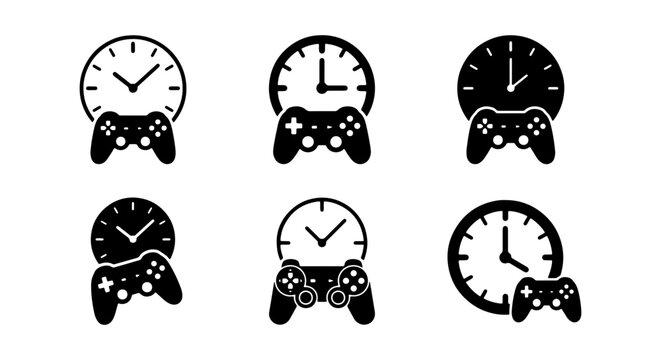 Video Game Time Icons, Gaming Clock Symbols, Controller Time Management Vector Set, Digital Entertainment Schedule Graphics, Playtime Clock Icons