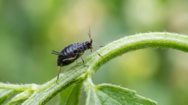 black aphid close up on leaf in garden morning light video