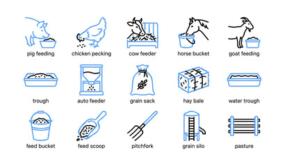 Fototapeta premium Animal feeding icons showing feed types and equipment