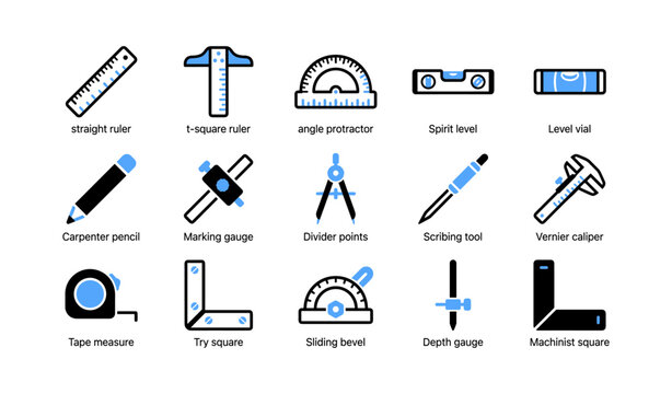 Measurement tool icons showing rulers calipers and angle tools