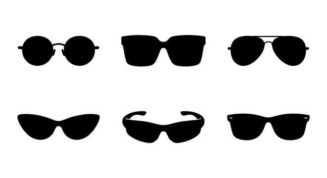 Six Black Silhouette Sunglasses Styles, Vector Icons Set: Round, Square, Aviator, Cat-Eye, Sport, Classic Shapes for Fashion and Accessories Design