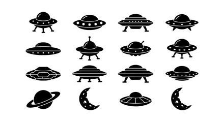 16 UFO Icons Set, Flying Saucer Vector Graphics, Spacecraft Symbols, Alien Ship Illustrations, Celestial Objects, Black and White © Akash