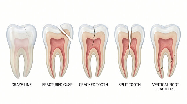3D Medical Illustration Showing Types of Tooth Fractures and Cracks