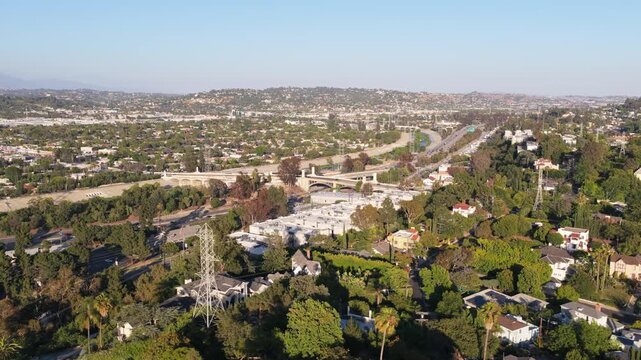 Urban landscape with traffic over US 101 Hollywood Freeway and urban areas, Hollywood Dell neighborhood in Los Angeles