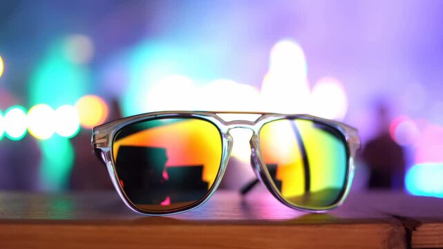 Colorful reflections in sunglasses set against vibrant, bokeh lights