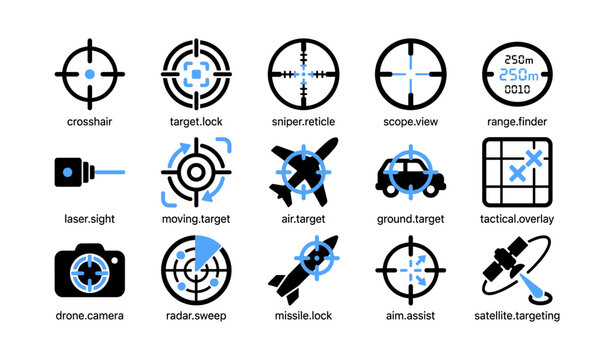 Targeting and tracking icons shown in grid on white background