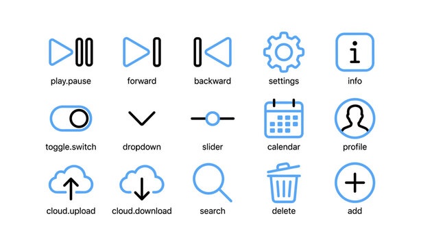 Ui control icons for playback and common controls on white