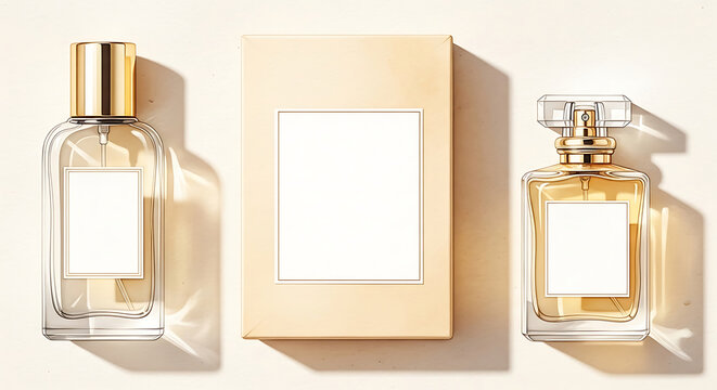 Two glass perfume bottles with gold caps and a blank rectangular box