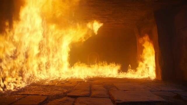 Intense inferno escalation: flames spread dramatically in enclosed stone passageway