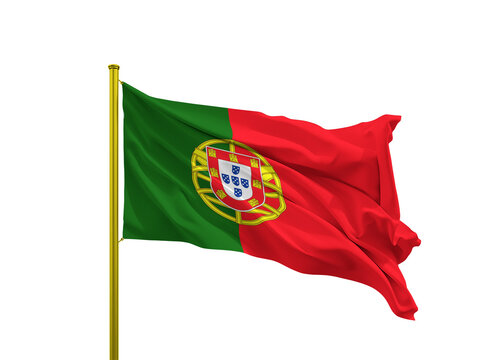 Portugal Flag Waving on Golden Pole Isolated on Transparent Background