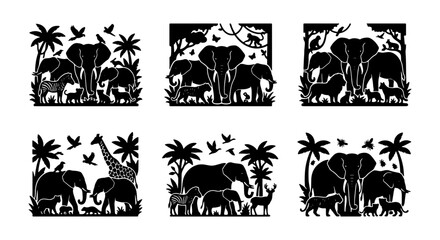 African Wildlife Silhouettes: Elephant Family, Giraffe, Zebra, Lion, Panther, Birds, Trees, Jungle Scenes, Vector Art Collection © Sohag