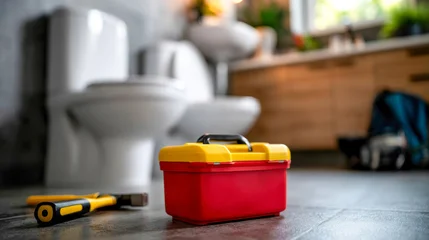Red toolbox and tools on bathroom floor with plumber working in background, ideal for plumbing repair, home maintenance, emergency service, renovation © Aliaksandra