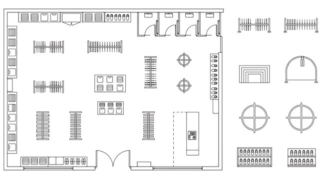 Retail Store Floor Plan Layout Illustration Showing Supermarket Shelving, Fixtures and Aisles