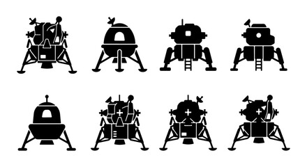 Space Lander Icons Set, Lunar Module Silhouettes, Rocket Landing Craft Vector Collection, Sci-Fi Exploration Graphics © Mahfuzur