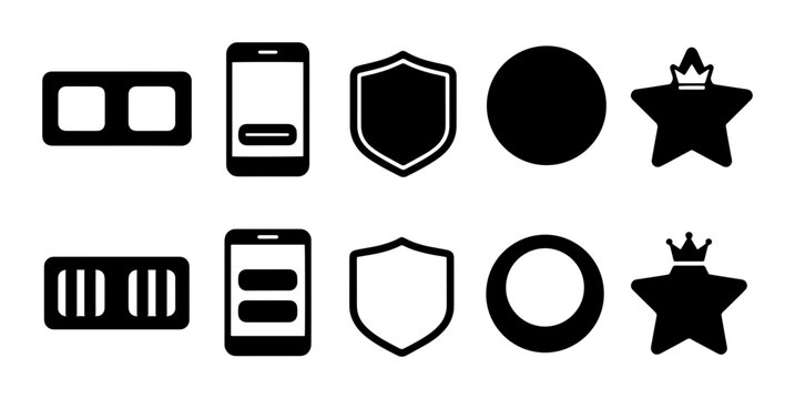 Set of 10 Black Vector Icons: Shields, Stars, Phones, Circles, Rectangles