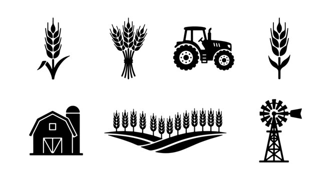 Farm Icons Set: Tractor, Barn, Wheat, Windmill, Field. Agriculture vector graphics for rural business and harvest themes.