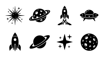 Space Icons Set: Rockets, Planets, UFOs, Stars, Moon, Cosmic Elements, Vector Graphics for Sci-Fi and Exploration Themes © Mahfuzur