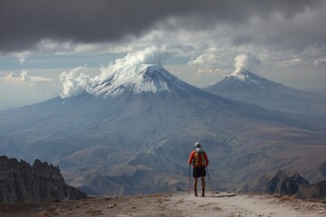 Obraz premium An extreme long-distance runner at the top of a barren, high-altitude landscape with volcanoes in the background.